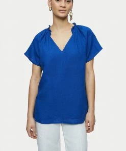 Jigsaw Blue Linen Ruffle Top