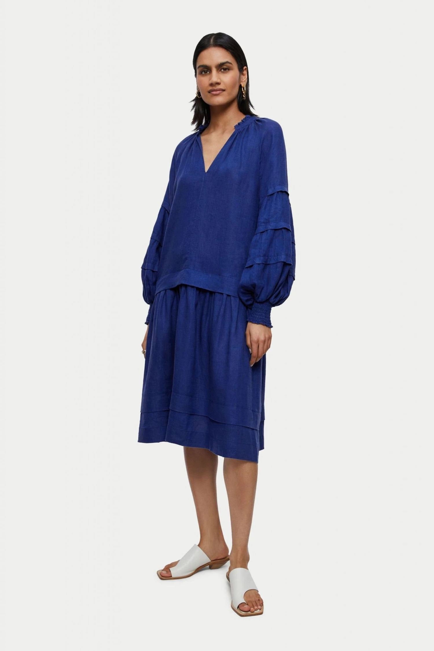 Jigsaw Blue Light Linen Pleat Sleeve Short Dress 1 Jigsaw Blue Light Linen Pleat Sleeve Short Dress