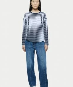 Jigsaw Blue Cotton Slub Stripe Long Sleeve Boyfriend T-Shirt