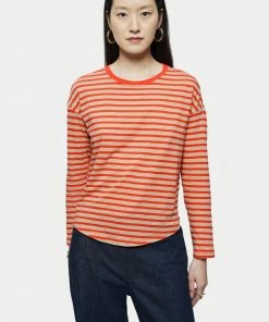 Jigsaw Red Cotton Slub Stripe Long Sleeve Boyfriend T-Shirt