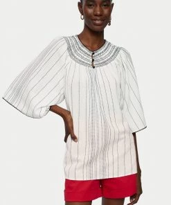 Jigsaw White Cotton Stripe Smocked Top