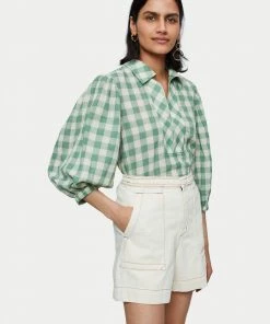 Jigsaw Green Cotton Gingham Collared Top