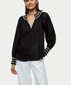 Jigsaw Black Light Linen Smocked Detail Top