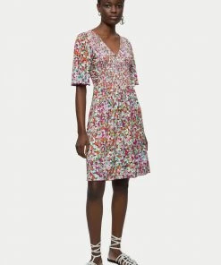 Jigsaw Red Rainbow Floral Smocked Dress