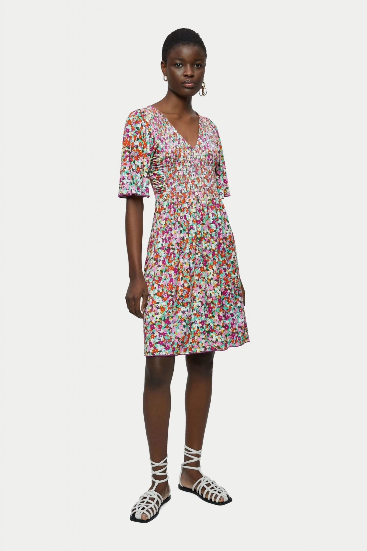 Jigsaw Red Rainbow Floral Smocked Dress 1 Jigsaw Red Rainbow Floral Smocked Dress