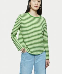 Jigsaw Green Cotton Slub Stripe Long Sleeve Boyfriend T-Shirt