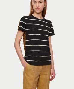 Jigsaw Black Cotton Slub Mixed Stripe T-Shirt